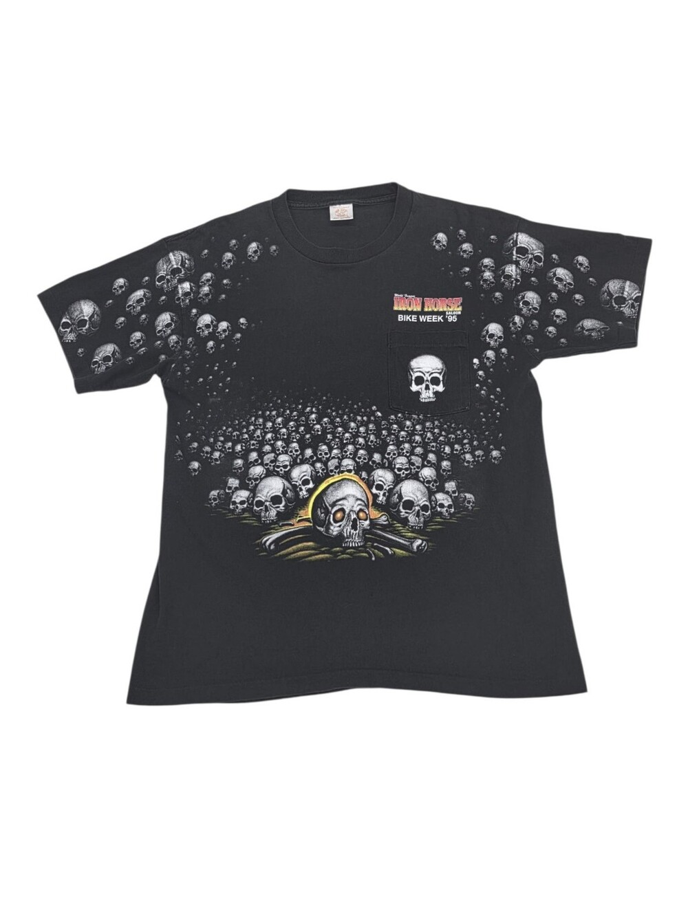 Vintage 1995 Iron Horse Saloon Bike Week T-Shirt 90s Biker Eagle Skull AOP Large